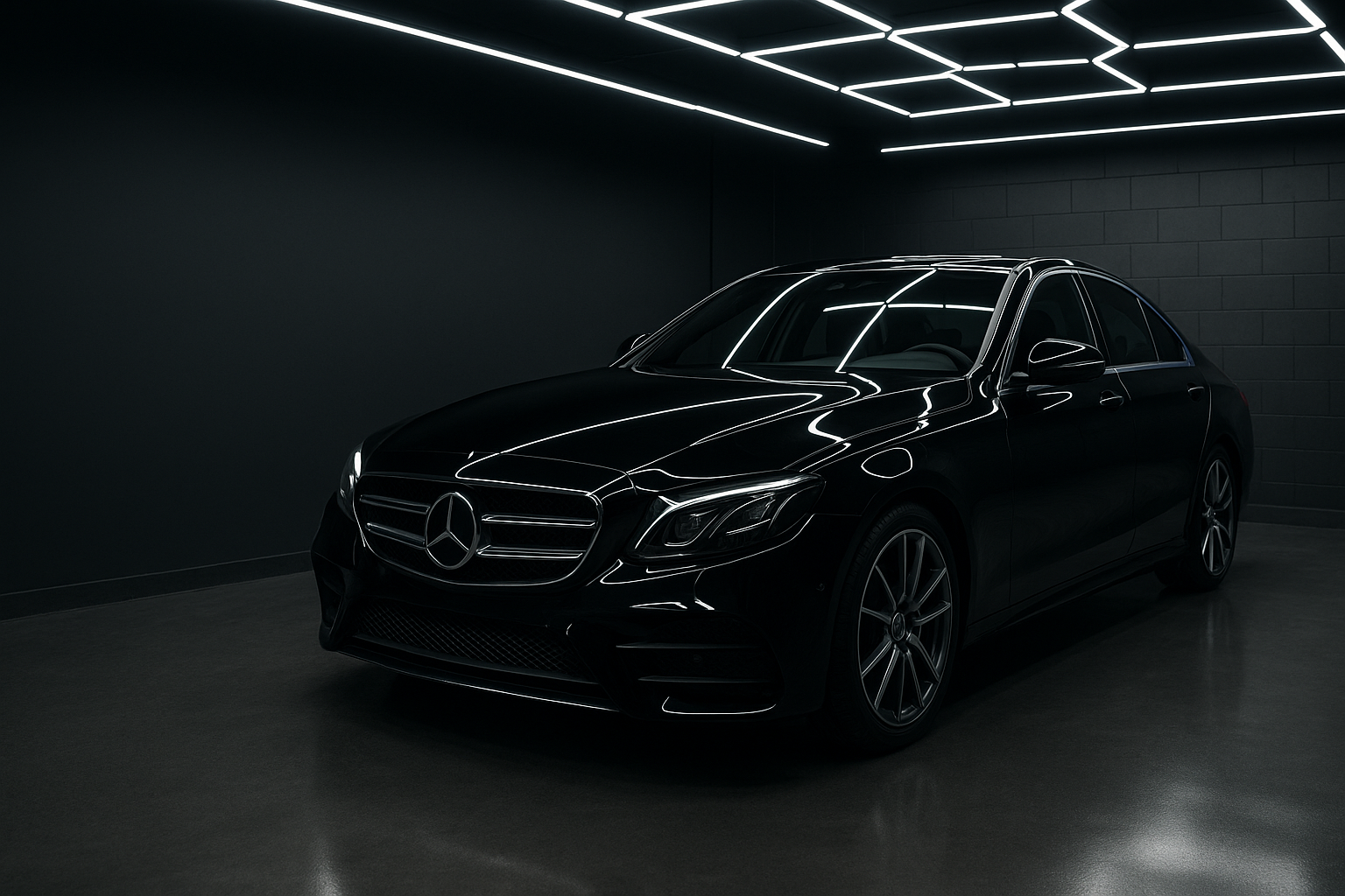 Low three-quarter view of a gloss-black sedan in a dark detailing studio