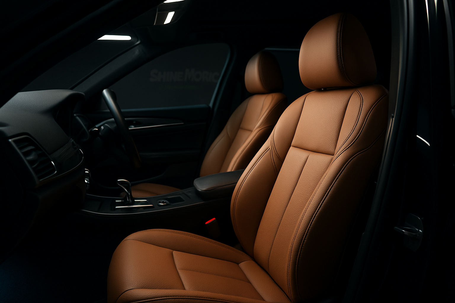 Spotless tan leather seats and clean dashboard of a luxury sedan
