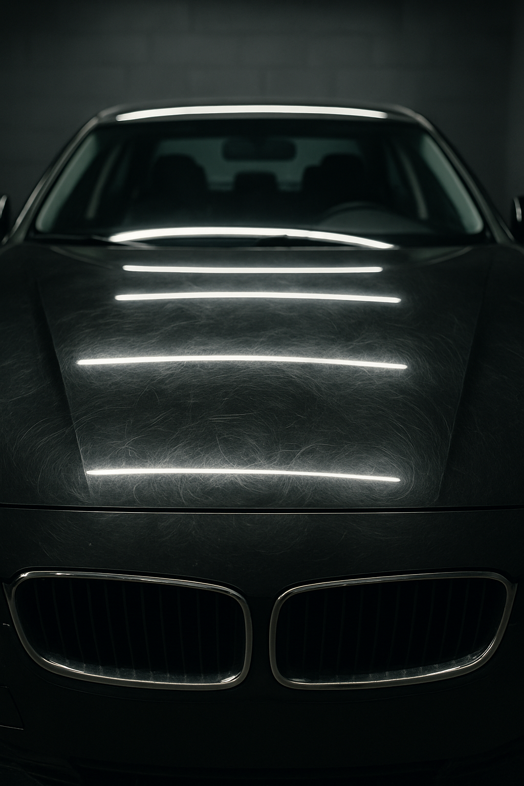Before: Black sedan bonnet under linear LED light-tunnel strips