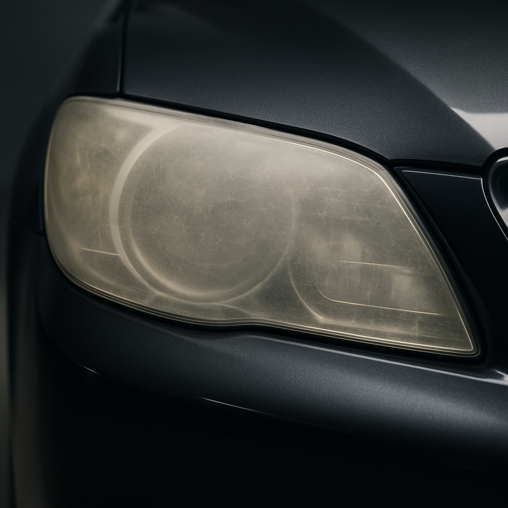Before: Close-up of a sedan headlight with a cloudy
