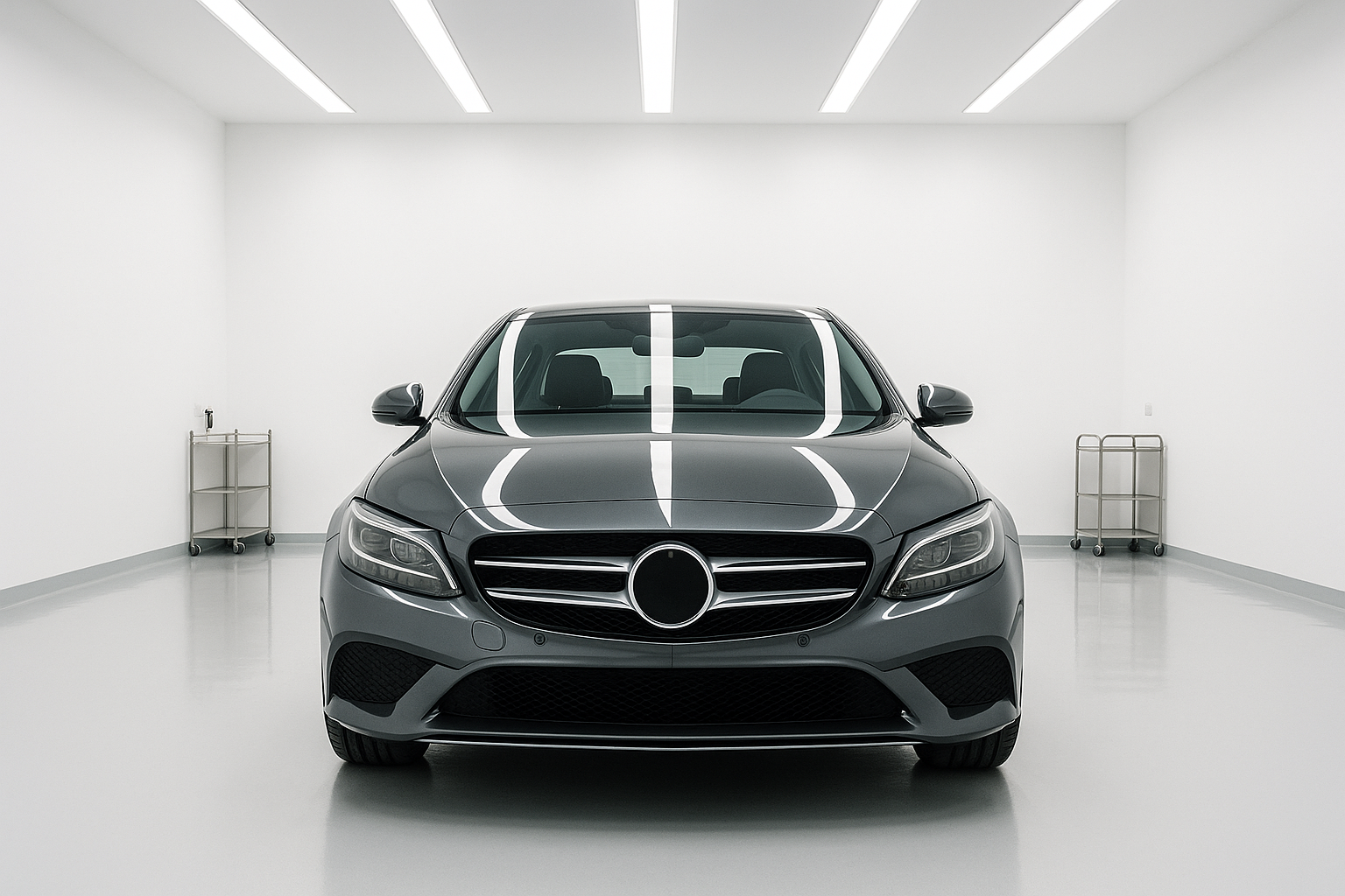 A gloss-finished premium sedan parked dead-centre in a spotless white detailing