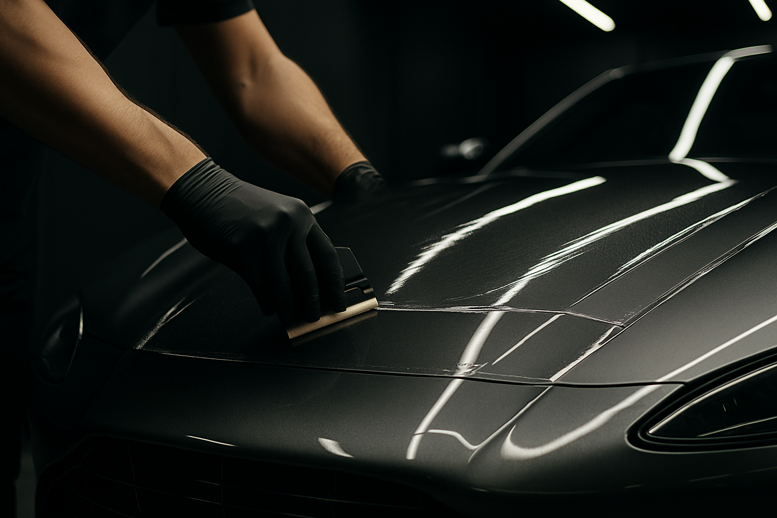 Gloved installer squeegeeing clear paint protection film onto the bonnet