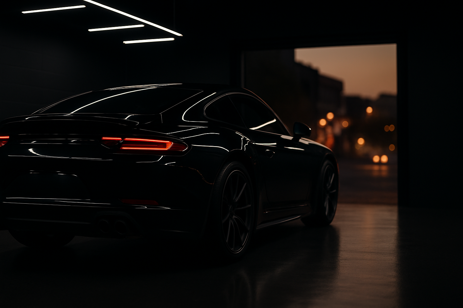 Rear three-quarter view of a freshly coated black sports car rolling out
