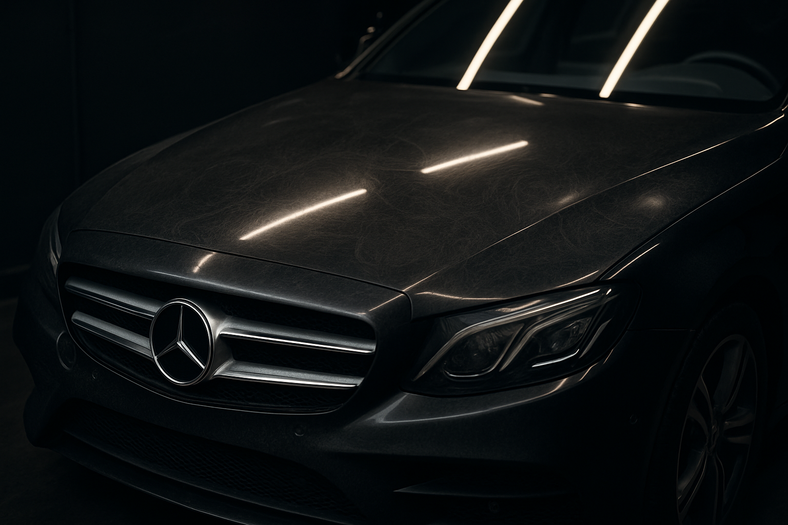 Before: Close three-quarter view of a black German sedan bonnet under linear LED light