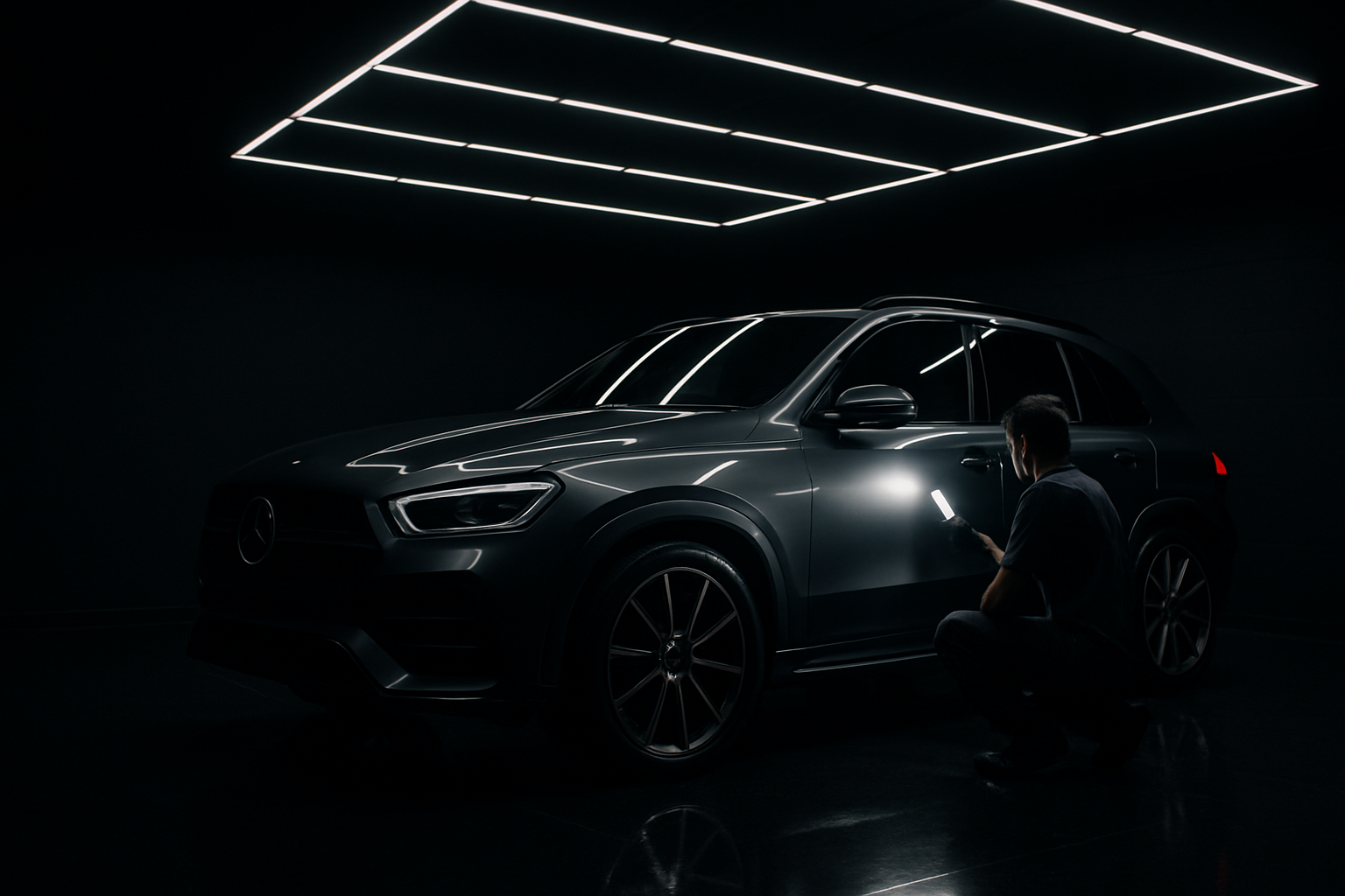 Wide night shot inside a matte-black detailing bay