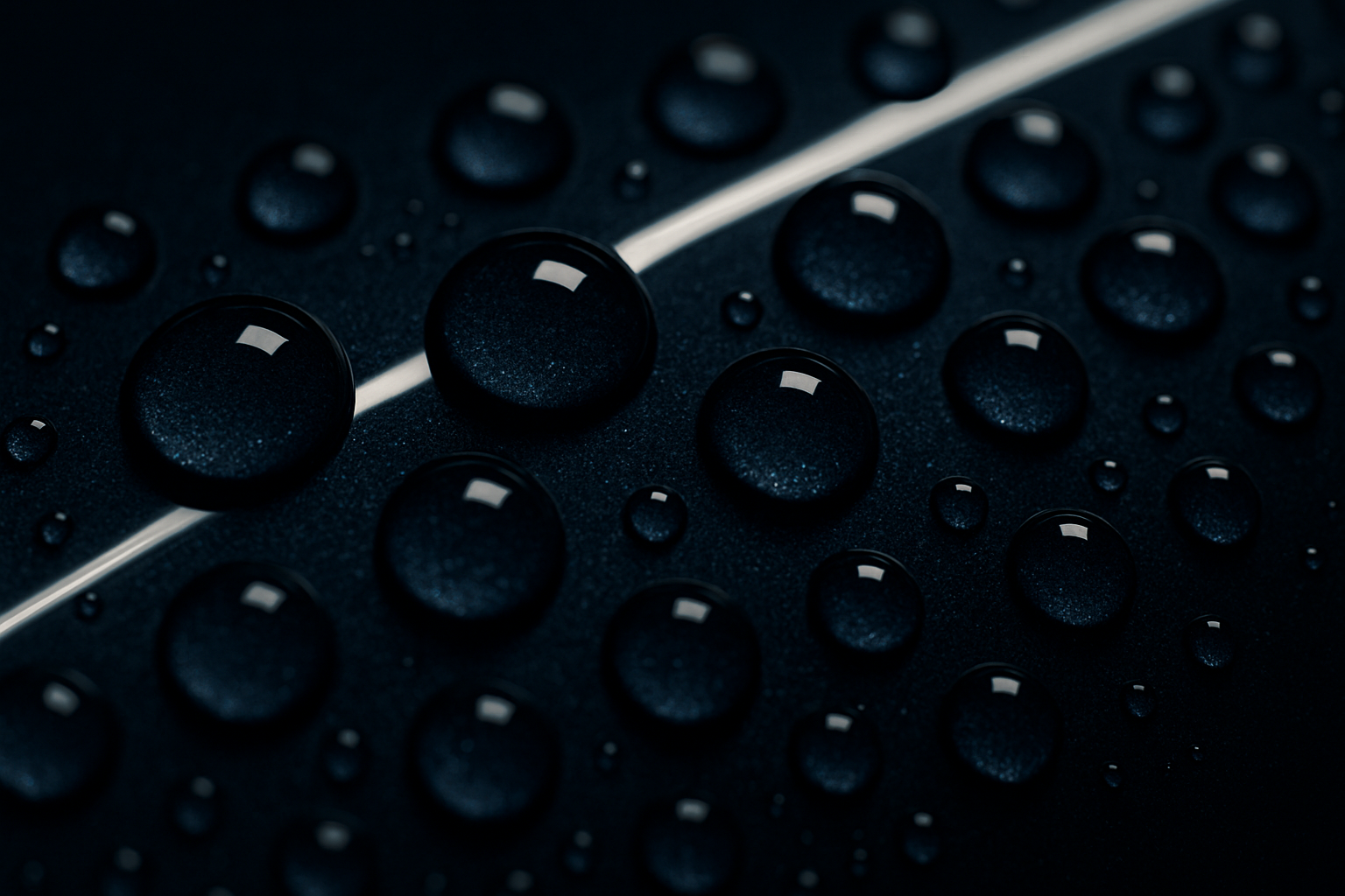 Extreme macro of tight water beads sitting on freshly ceramic-coated deep