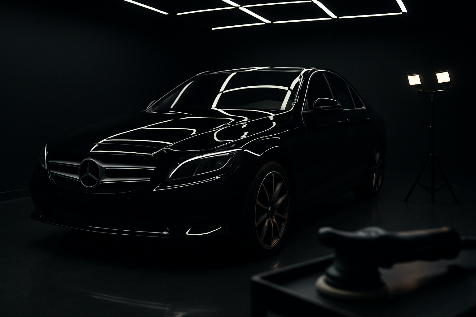 Low three-quarter view of a black German sedan parked in a matte-black detailing