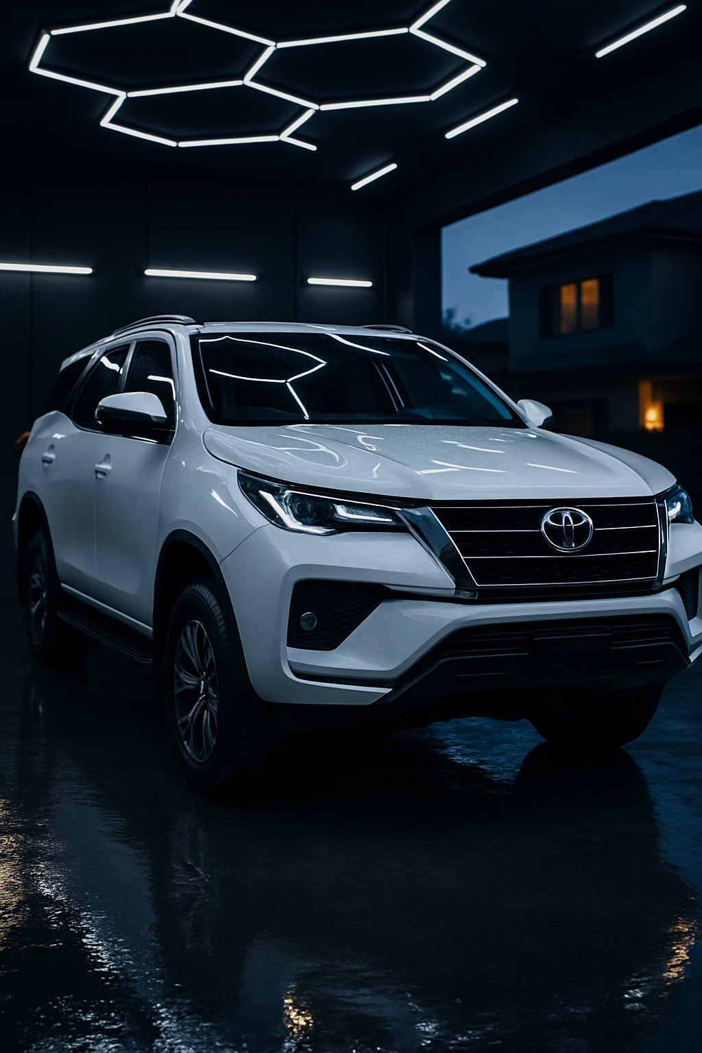 Portrait-format dusk photograph of a freshly ceramic-coated white Toyota
